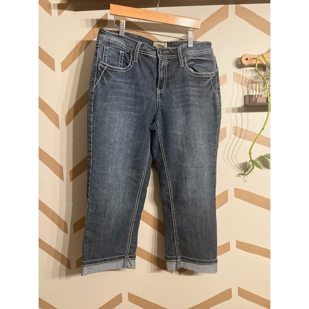 Earl Jean Capris Women Size 8 Blue Denim Dark Wash Contrast Stitch Cuffed Pants